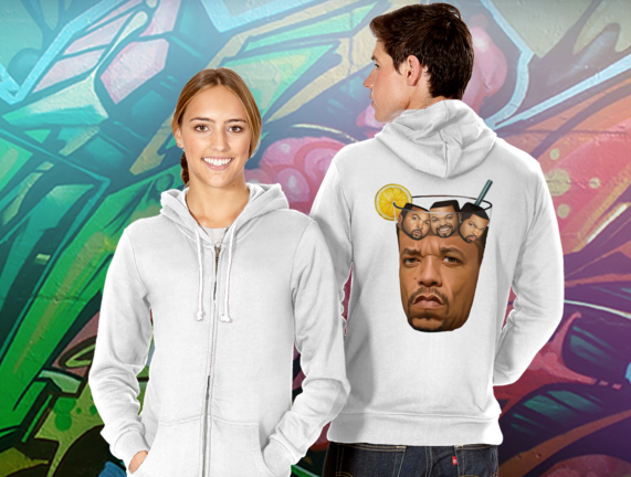 zip-up hoodie with the actor ice-t&#x27;s face shaped like a glass with little square images of ice cube the rapper on it 