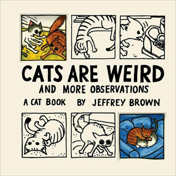 book called cats are weird with illustrations of cats doing weird things like licking shoes and rolling around the floor