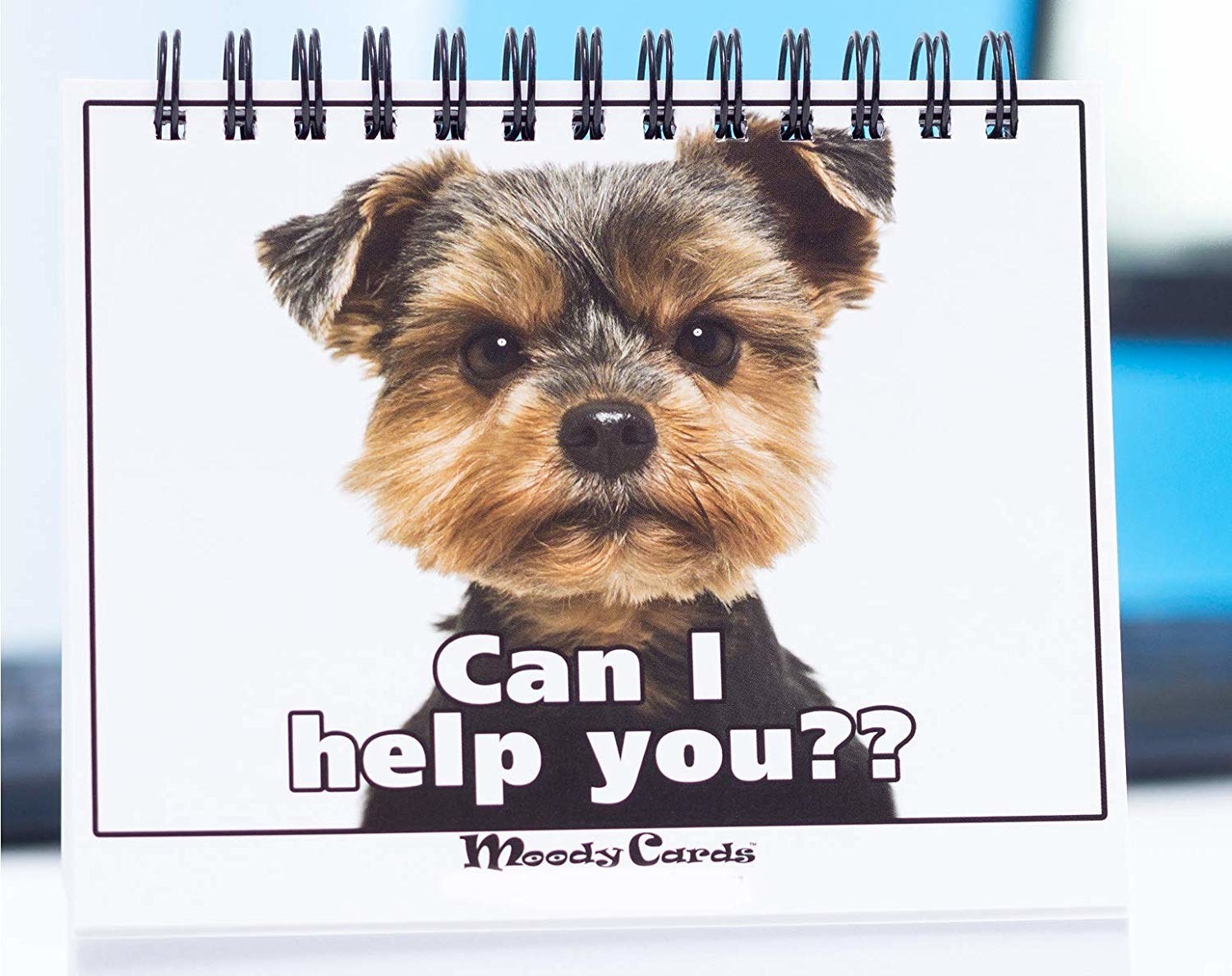 a desk pad that has a dog that is saying &quot;can I help you?&quot;