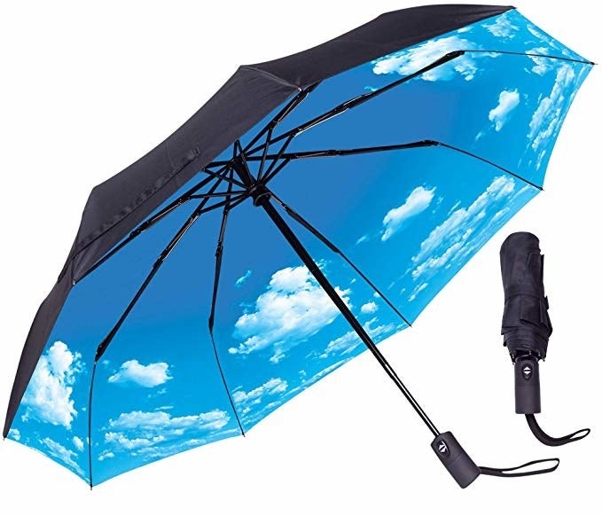 black umbrella with blue sky print on the inside when you open it