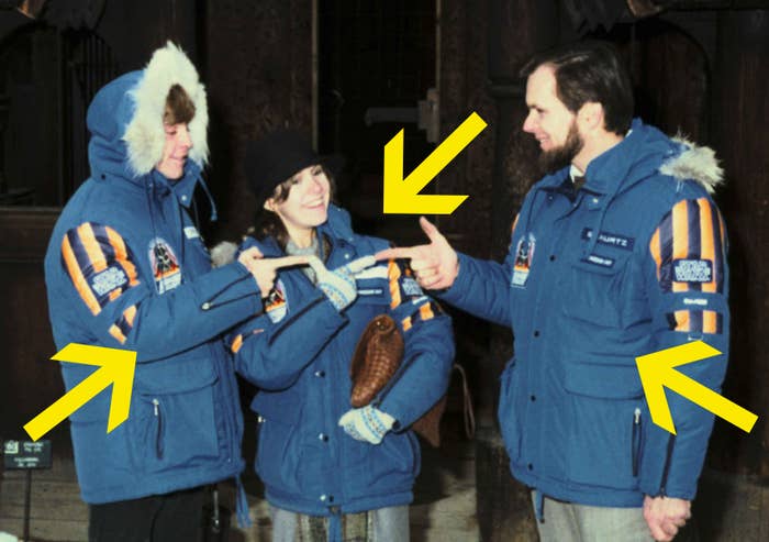 This is Mark Hamill, Carrie Fisher, and producer Gary Kurtz sporting the jackets on set back in 1979.