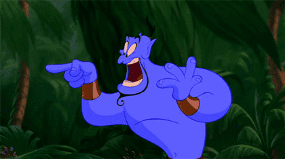 Gif of Genie from Aladdin pointing and looking shocked with his mouth dropped open