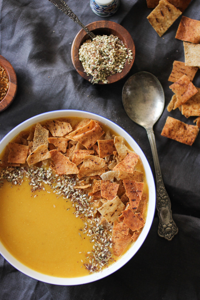 "It's thick and flavorful, blended with tomatoes, garlic, carrots, and onion and topped with fried Egyptian flatbread." — ktanneeGet the recipe.