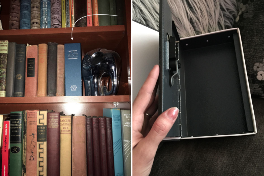 two review images showing safe discretely hiding on a shelf of books