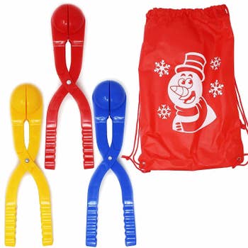 The three tools to make snowballs with a rounded top and hinged opening in red yellow and blue