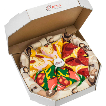 the open pizza box of socks that resemble pizza with different toppings