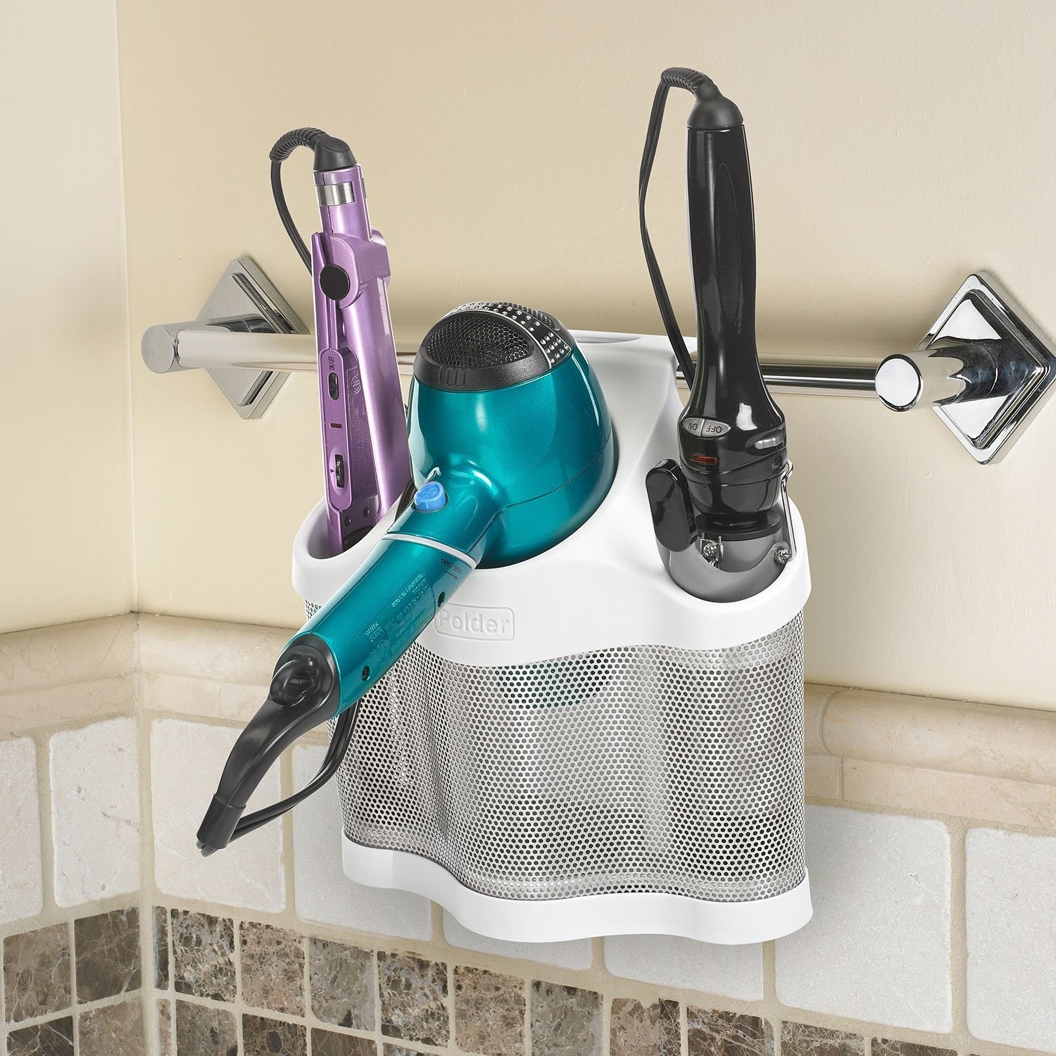 metal holder with room for blow dryer, curler, and straightener 