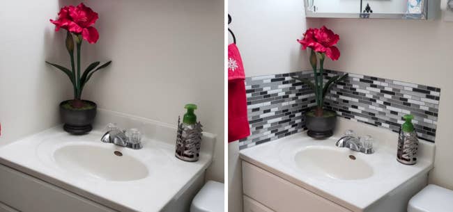 Reviewer's bathroom with the tile applied above the sink for natural looking backsplash