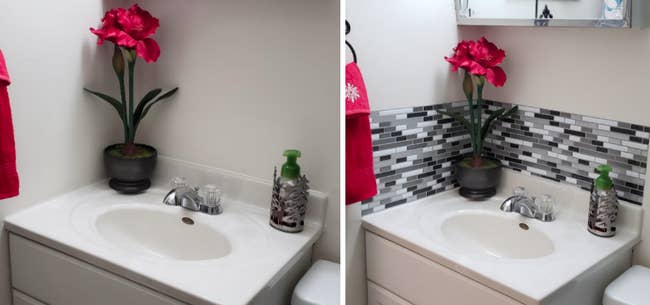 Reviewer's bathroom with the tile applied above the sink for natural looking backsplash