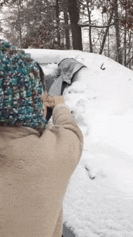 gif of a person removing the windshield cover easily even though it has a bunch of snow on it