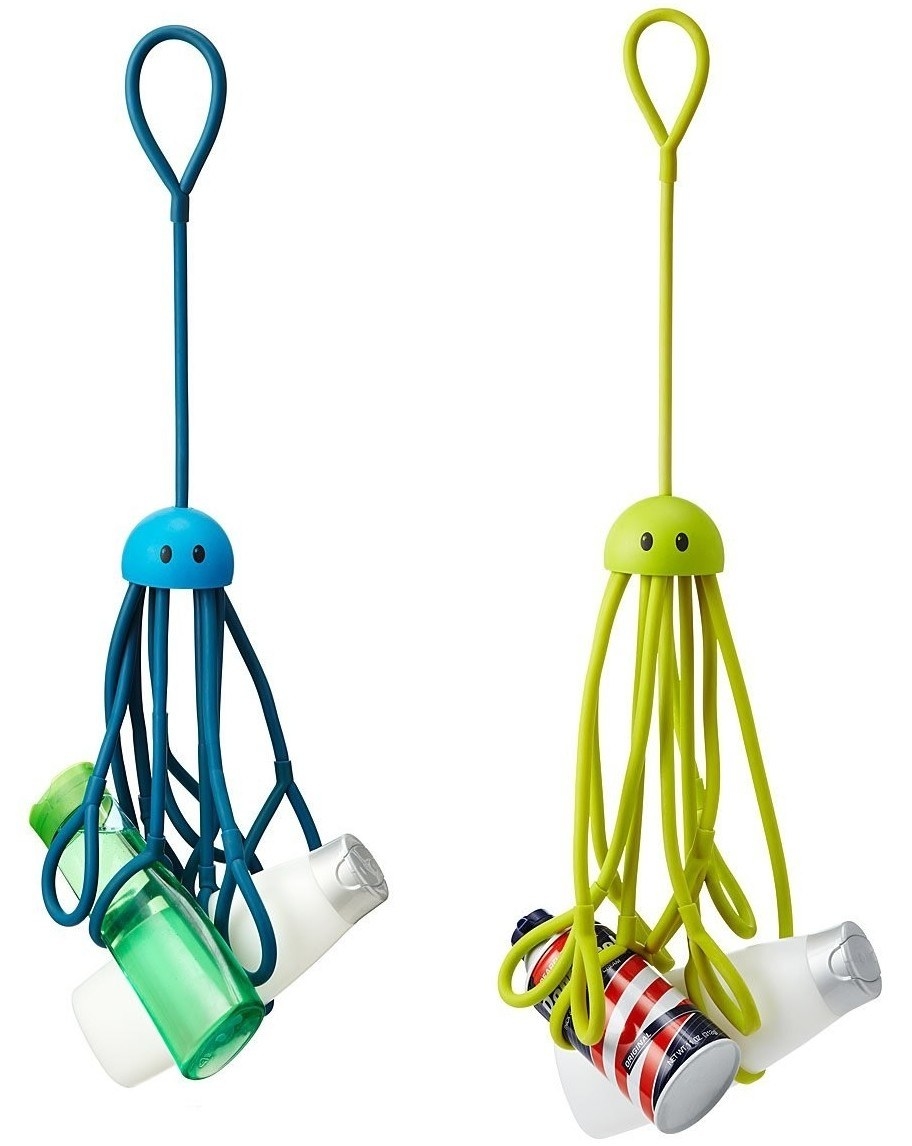 Two shower squids in two different colors holding various tubes