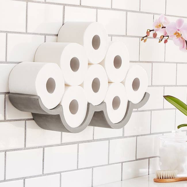 The holder installed on a bathroom wall and holding rolls of toilet paper in a cloud-like formation