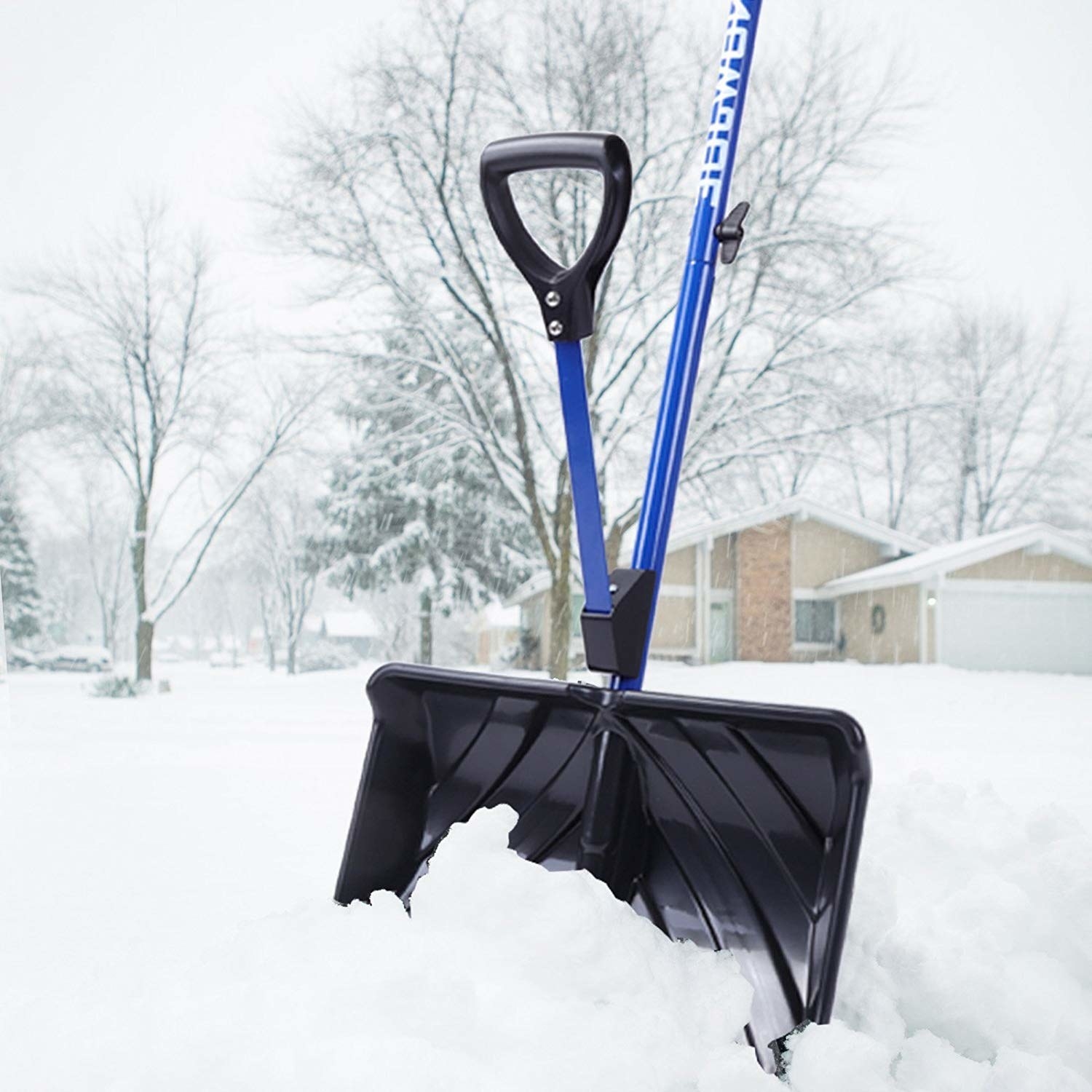 Promising review: "It saves me from bending over for snow. The shovel tosses snow easily (6' or more, I couldn't do that with the old shovel). I'm over 6' and only have to bend down slightly with the short handle on the Snow Joe, which is much less than the older shovel. The metal piece on the bottom helps scrape the patio and solid walkways. Also, the shovel pushes into wind-packed snow pretty well. It's lightweight. The wiggly second handle takes some getting used to. Snow didn't stick to this shovel and it worked fine for light fluffy snow, powdery wind packed snow, and frozen brick-like snow. Whether it was -10 F or 20 F, snow didn't stick and slid off easily." —Goof BallGet it from Amazon for $21.99 (available in three colors).