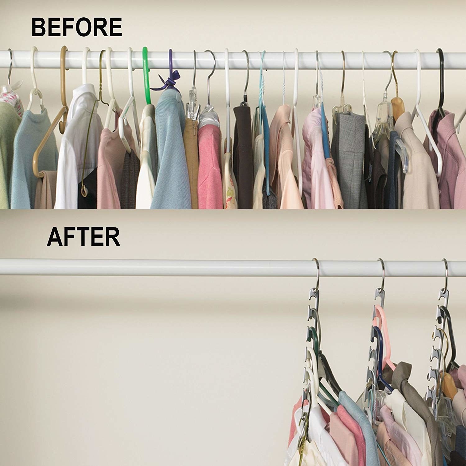 A series of before and after photos showing a full closet and then all the clothes on the hangers leaving way more room in the closet
