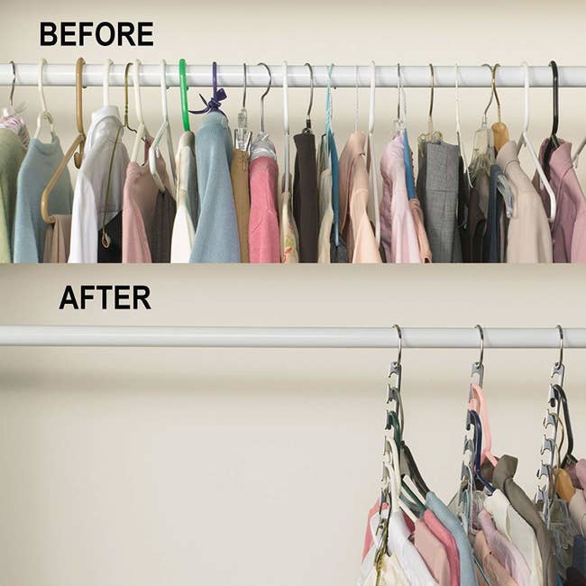 a before picture shows a cluttered closet and an after picture shows a spacious closet with clothes hanging from space-saving hangers