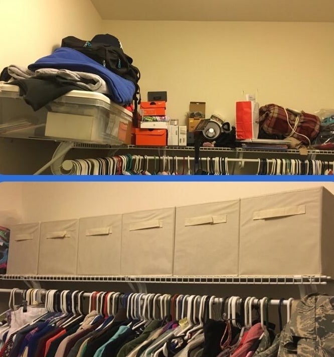 top half of the reviewer image shows a cluttered closet shelf space; the bottom half of the reviewer image shows the same closet shelf with six folding storage baskets