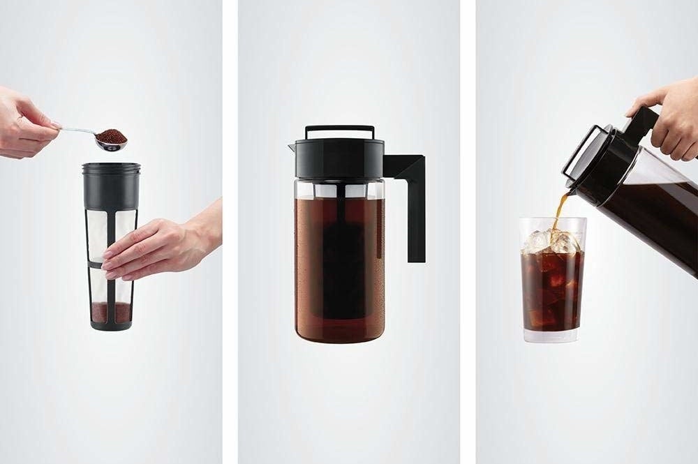 on the left someone scooping grounds into a filter, in the middle the coffee steeping in the pitcher, on the right the coffee being poured
