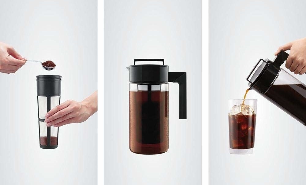 on the left, hands putting coffee grounds into the filter, in the middle, the coffee steeping in the pitcher, on the right, hands pouring coffee into a glass with ice