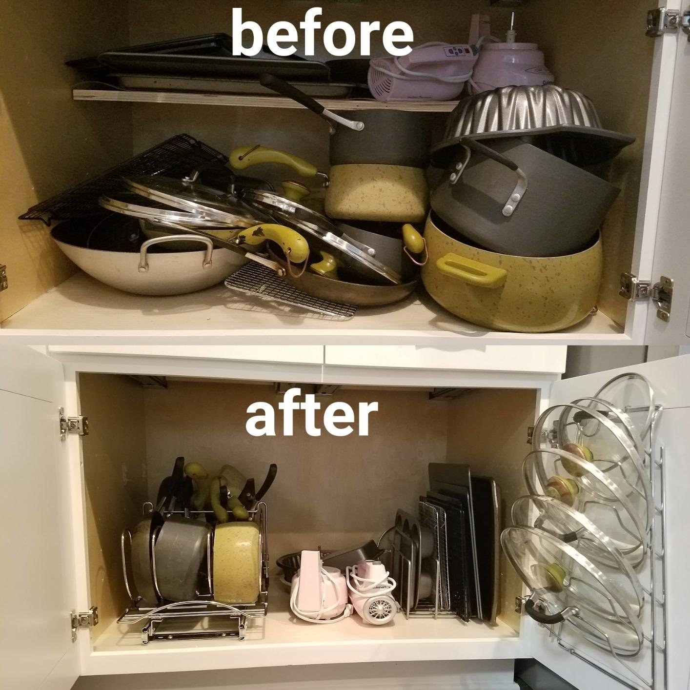 labelled &quot;before&quot;: a kitchen cabinet cluttered with pots, pans, and lids; labelled &quot;After&quot;: the same cabinet organized with lid and pan racks
