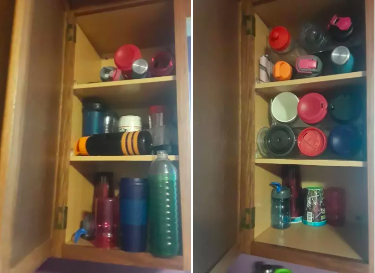 on the left, a kitchen cabinet cluttered with water bottles; on the right, the same kitchen cabinet organized with a stackable rack
