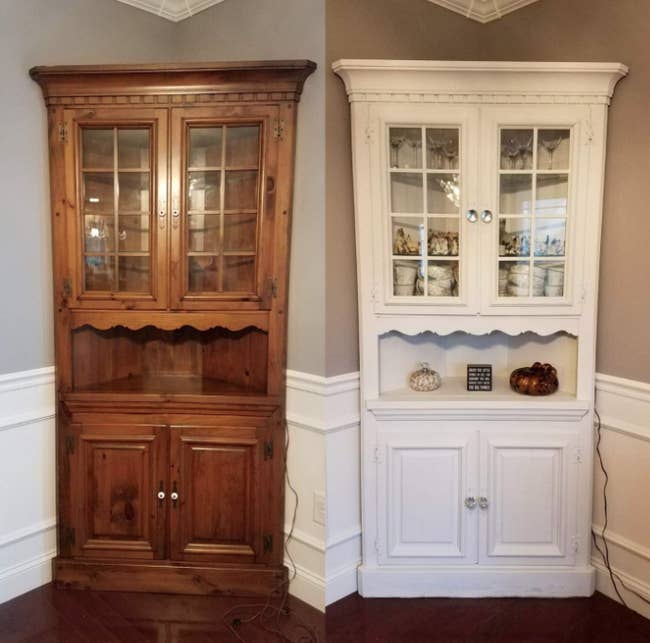 Reviewer's before/after of an old piece of furniture that was painted white and looks more modern and clean