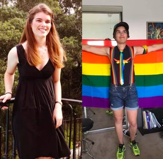Before-and-after showing a person who looks much happier out of the closet