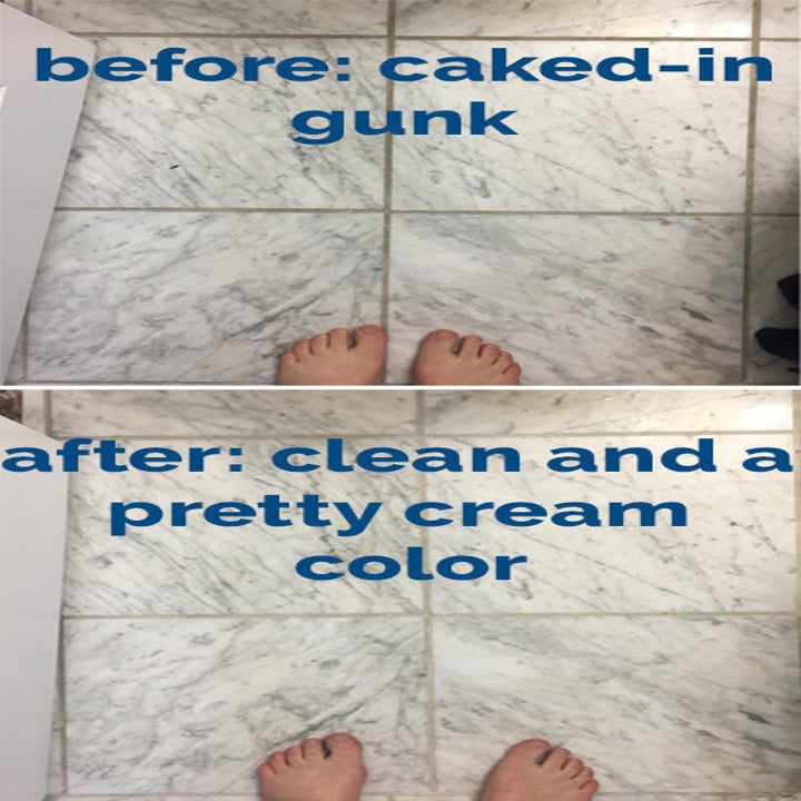 A before and after photo of BuzzFeed editor Natalie's grout. On the top, the text: "before: caked-in gunk," on the bottom: "after: clean and a pretty cream color"