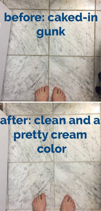 A before and after photo of BuzzFeed editor Natalie's grout. On the top, the text: 