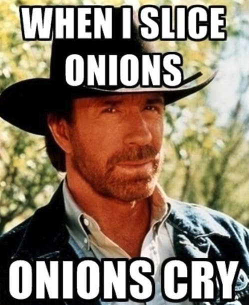 Chuck Norris meme that says &quot;When I slice onion, onions cry&quot;