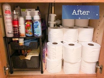 A reviewer's organized, clean under sink area with the drawers