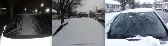 reviewer image showing the cover on their car windshield and then easily removing the snow from it