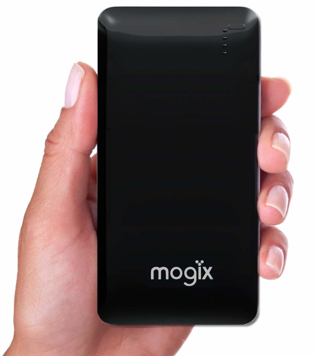 a model holding the external battery charger