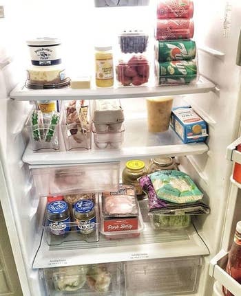 A reviewer's organized fridge with the storage bins