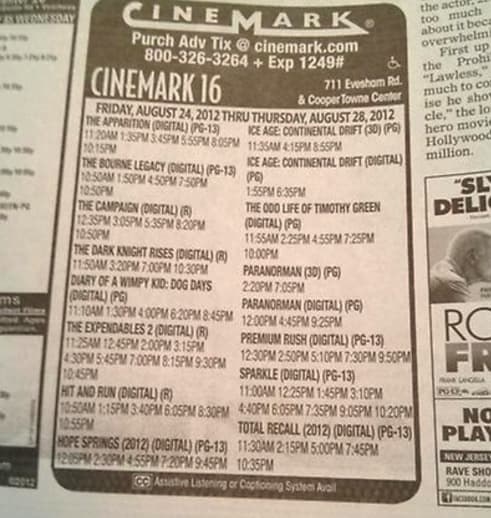 Newspaper movie times