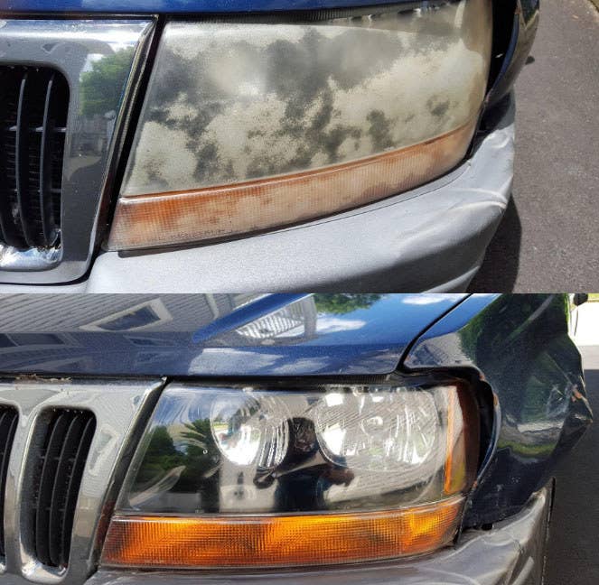 A before and after customer review photo showing their cloudy headlight and then their clean and shiny headlight
