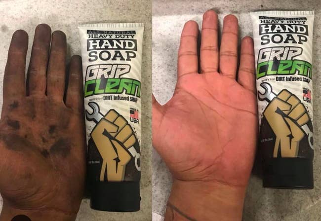 A photo of really dirty hands and then the same hands looking much cleaner after using the Grip Clean