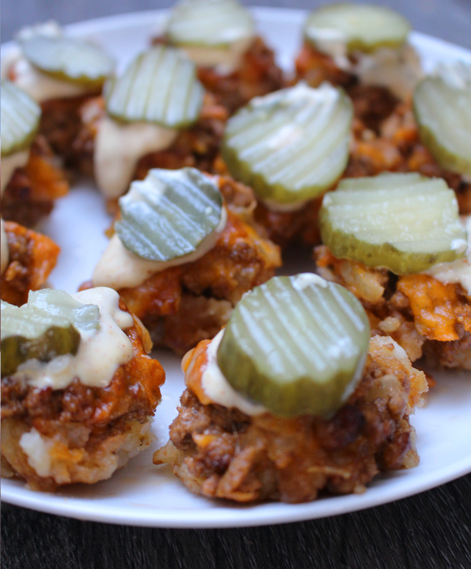 Pickles on top of cheeseburger tots