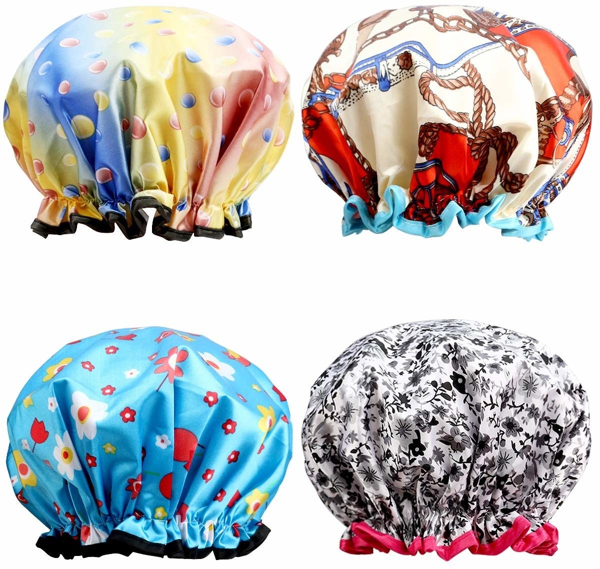 four bright patterned shower caps