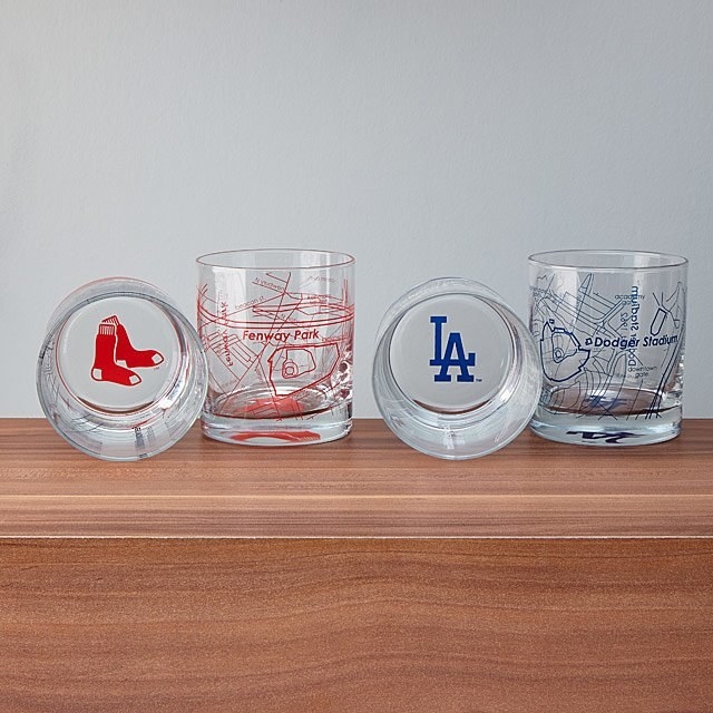red sock and dodger glasses with the logo on the bottom and the map of the stadium on the sides