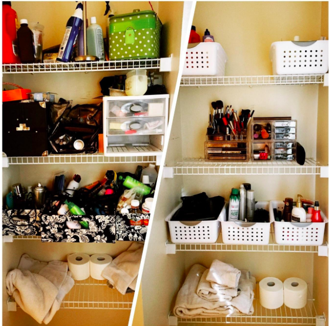A customer review photo of their closet before and after organizing it with the plastic storage baskets