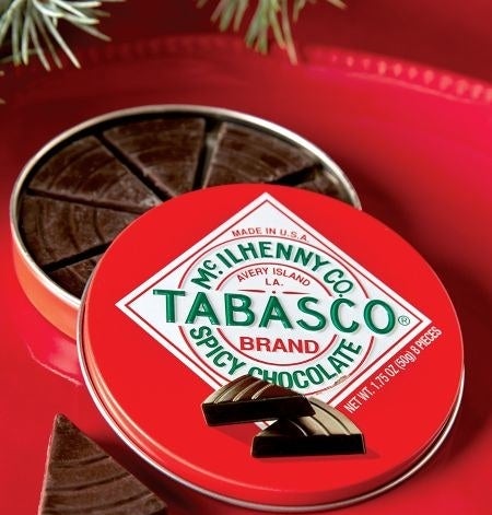 tin of chocolate with tabasco label 
