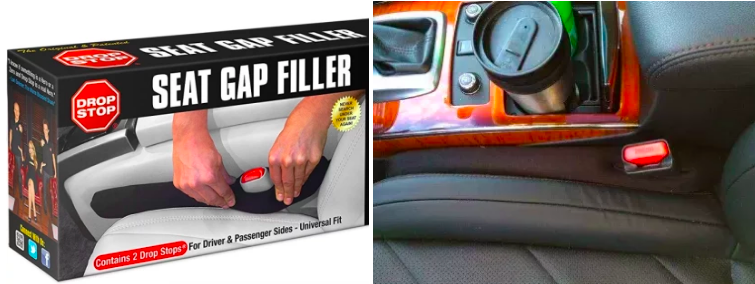 A shot of the packaging and a picture of the seat gap filler placed in a car. It has a hole for the seat belt buckle. 