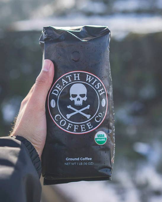Bag of coffee beans with skull logo 