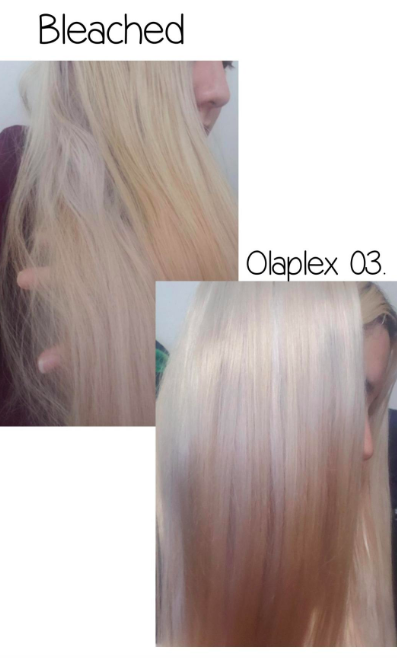 A before and after customer review photo showing their hair&#x27;s progress using Olaplex