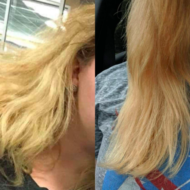 A before and after customer review photo showing their hair&#x27;s progress using Olaplex