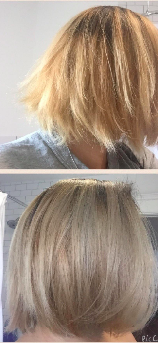 A customer review photo showing their hair before and after using Olaplex