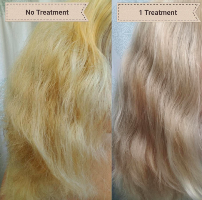 A before and after customer review photo showing their hair&#x27;s progress using Olaplex