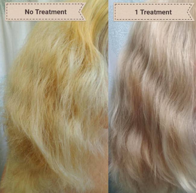 A before and after customer review photo showing their hair's progress using Olaplex