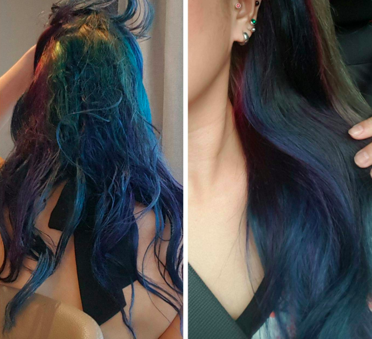 A before and after customer review photo showing their hair&#x27;s progress using Olaplex