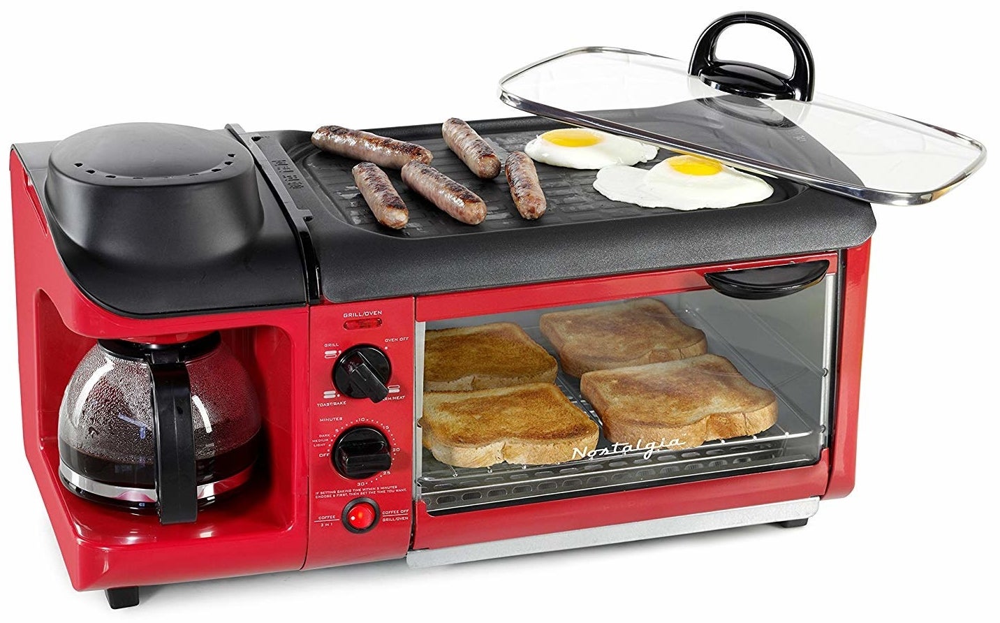 The red breakfast station being used to make eggs, sausage, toast, and a pot of coffee